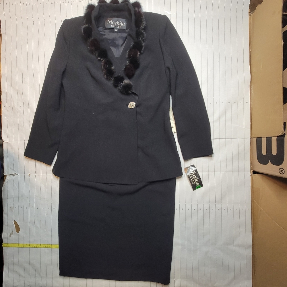 Moshita Couture Skirt Suit W/ Fur Trim 2 Piece Womens Sz 10 Vtg NWT 80s 90s Y2K